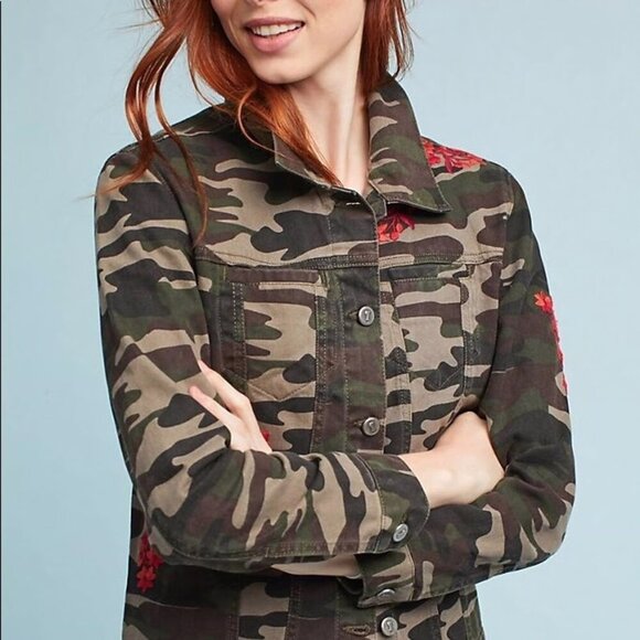Anthropologie Pilcro Size S Camo Camouflage Embroidered Denim Jacket - Picture 1 of 10